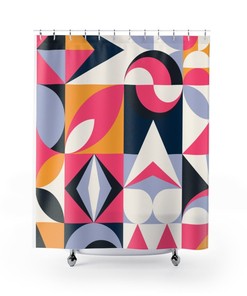 Funky Fun Pink, Blue, Mustard Yellow, Ice Gray, and White Mid Century Modern Retro Shower Curtain for a Playful Bathroom