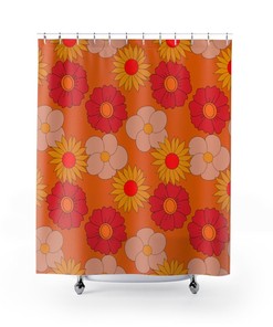 Funky Orange Mod Daisies Shower Curtain - Groovy Retro Design for Boho Bathroom Decor