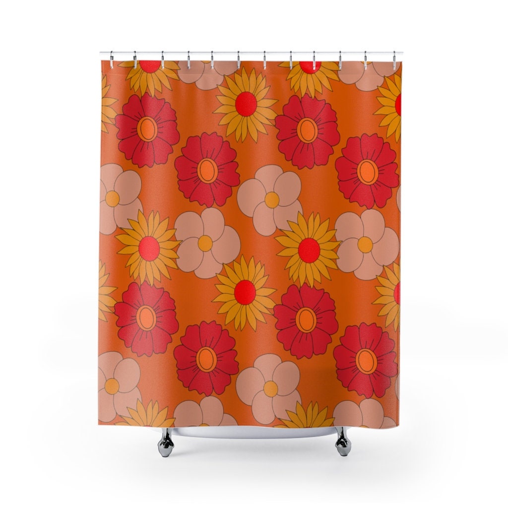 Funky Orange Mod Daisies Shower Curtain - Groovy Retro Design for Boho Bathroom Decor
