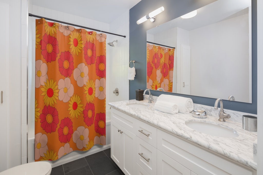 Funky Orange Mod Daisies Shower Curtain - Groovy Retro Design for Boho Bathroom Decor - Image 2