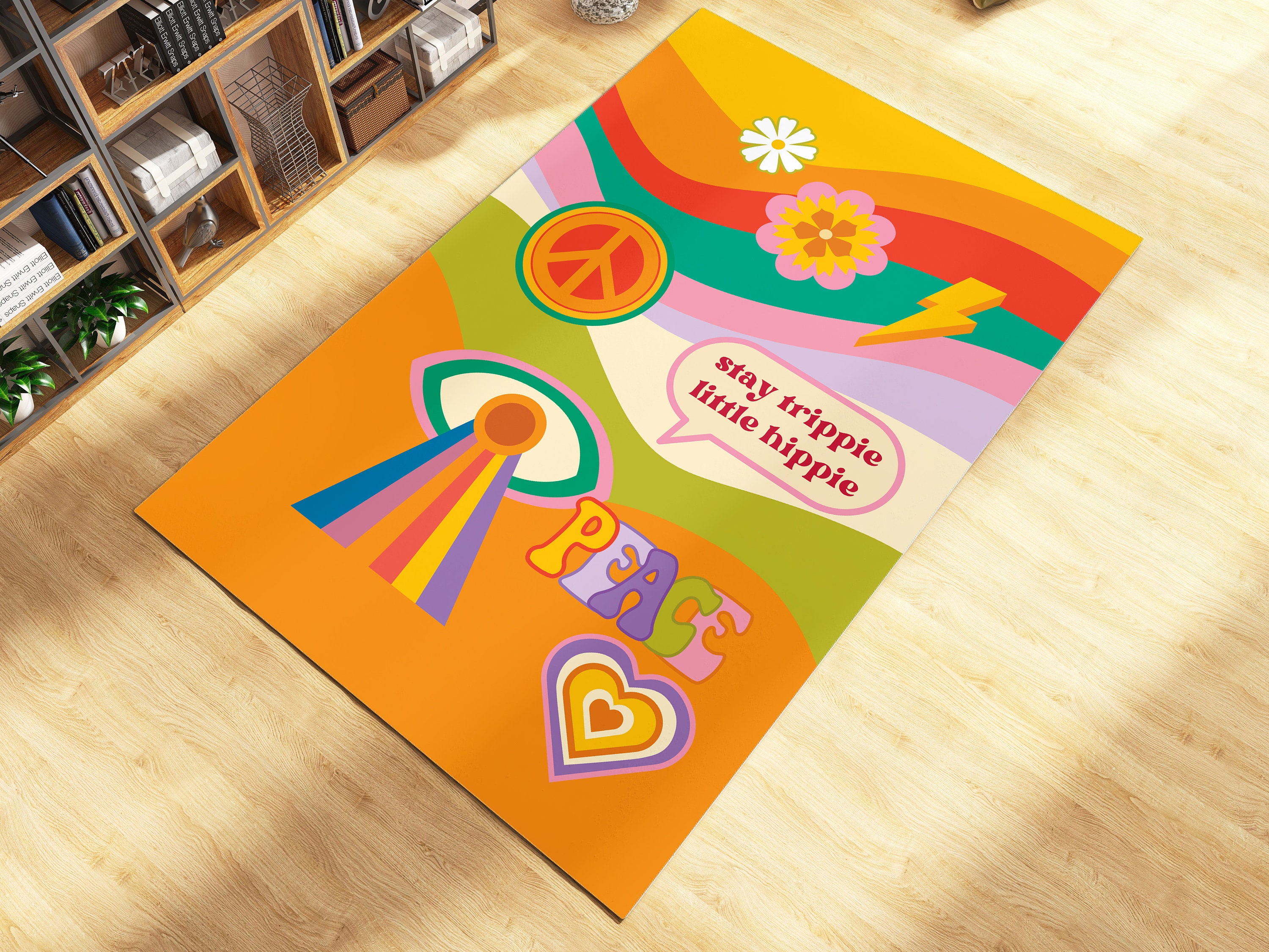 Funky Orange Trippy Wavy Rug - 70s Hippie Y2k Groovy Rug, Preppy Retro Room Decor with Non-Slip Bathroom Rugs Washable