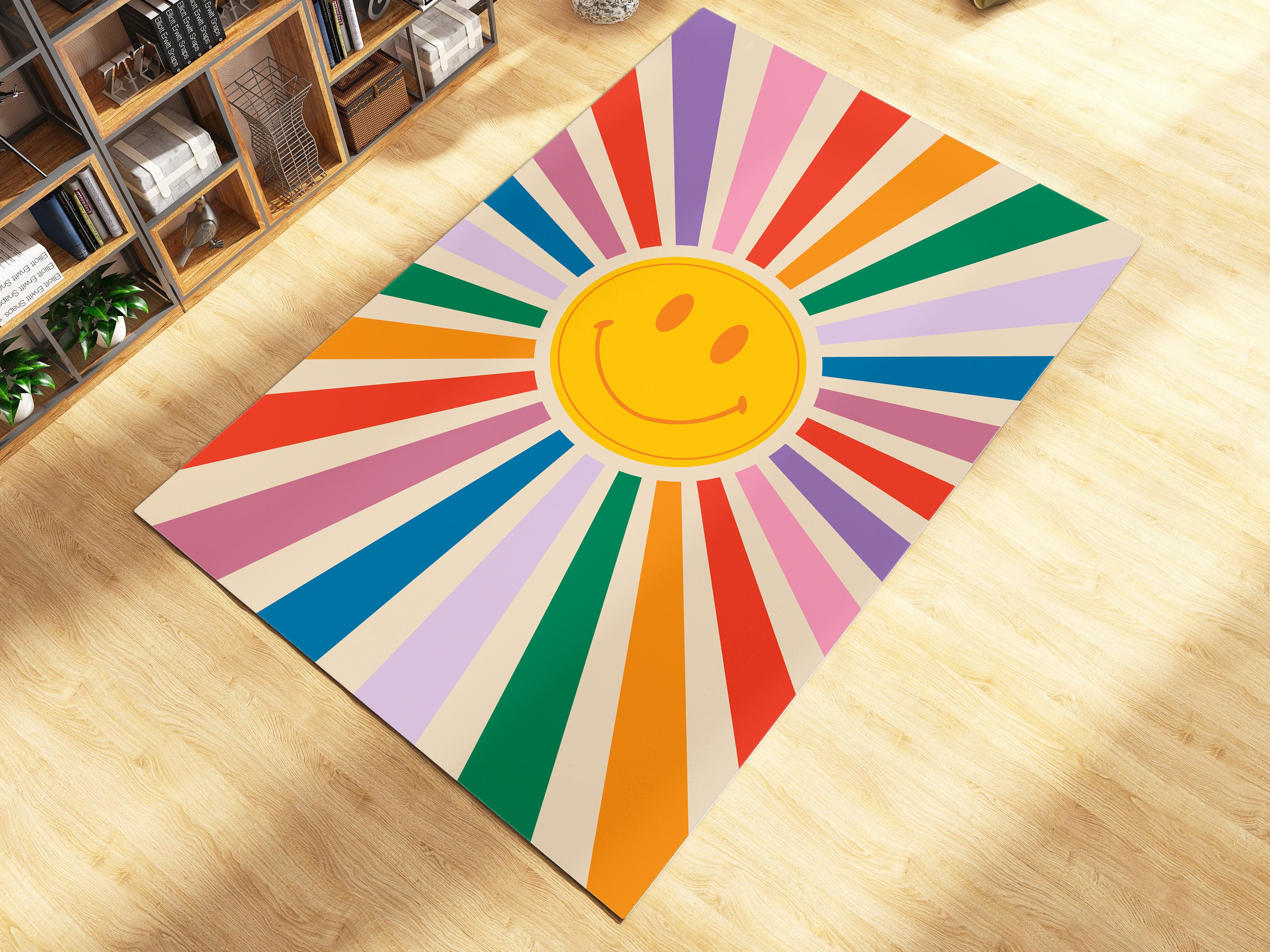 Funky Sunshine Smile Rug - 70s Groovy Trippy Rug, Abstract Cool Rug, Groovy Decor for Living Room Bedroom