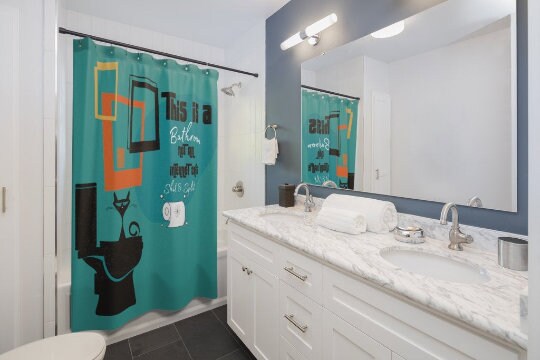 Funny Atomic Cat Retro Shower Curtain with Playful Design for a Hipster Bathroom - Image 2