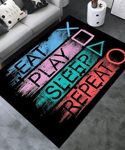 Funny Light Blue Gaming Rug with Cartoon Controller & Video Print for Boys