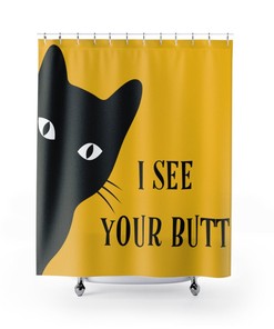 Funny Mid Mod Cat Yellow and Black Retro Shower Curtain for a Playful Bathroom