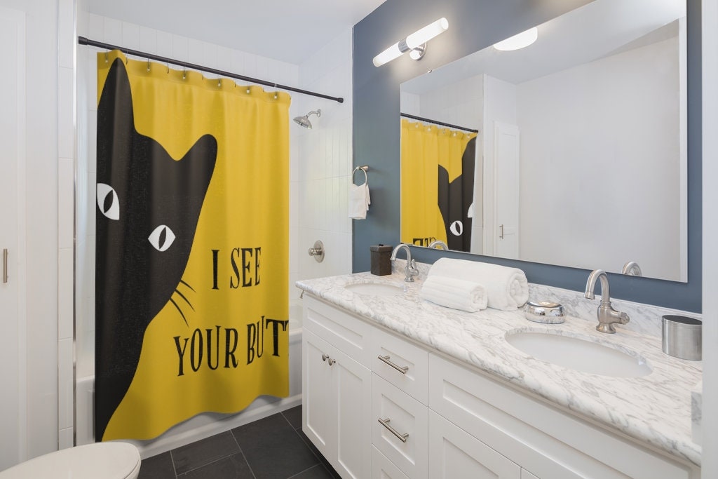 Funny Mid Mod Cat Yellow and Black Retro Shower Curtain for a Playful Bathroom - Image 2