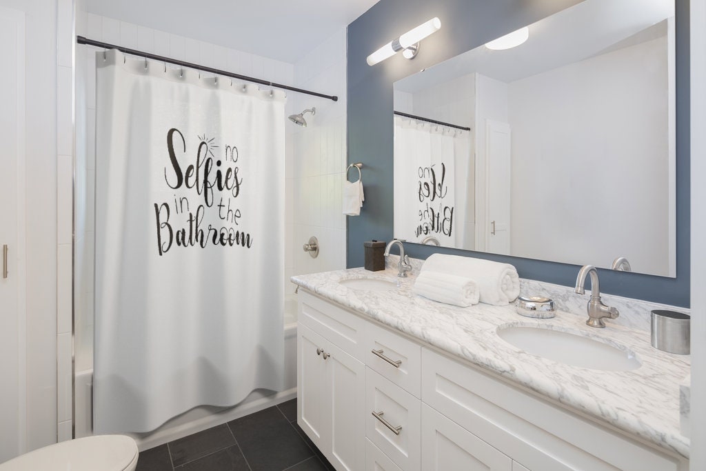 Funny No Selfies Shower Curtain with Bathroom Humor and Farmhouse Decor - Image 2
