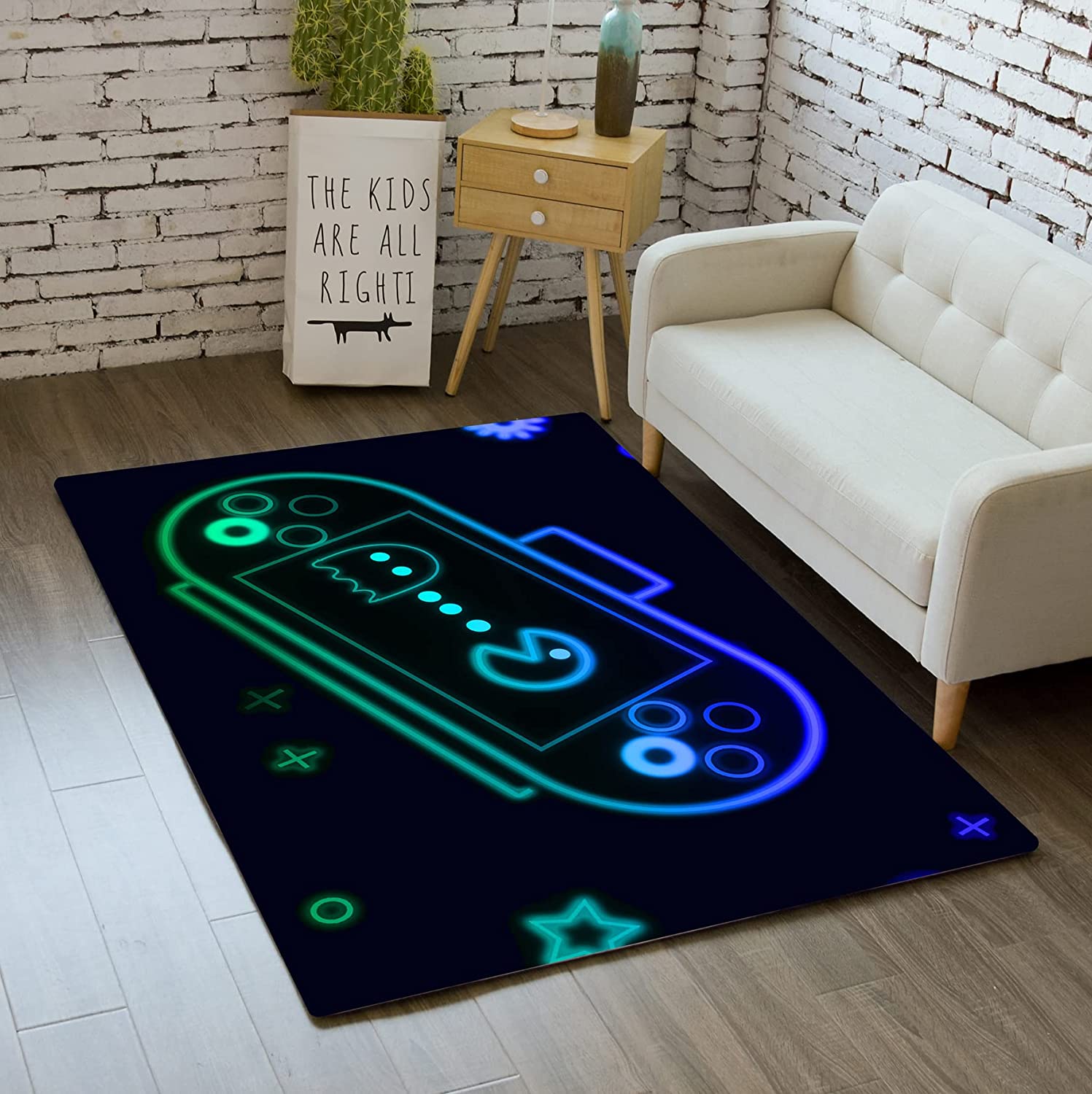 Gamepad Area Rug for Gamer Room - Black Pacman Anime Gaming Carpet for Kids Bedroom/Living Room