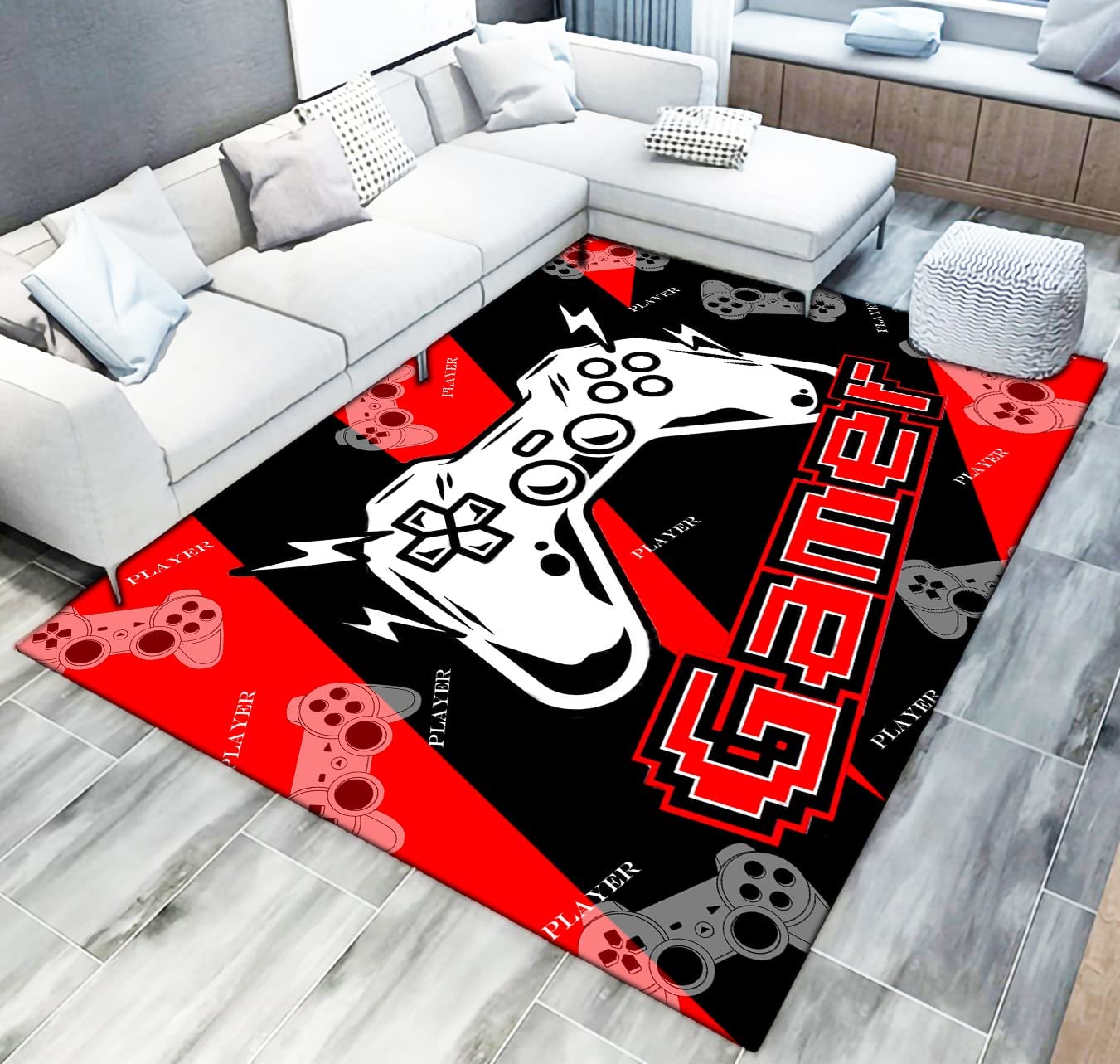 Gamepad Black Cool Area Rugs for Home Decor with Video Game Player Blue Yoga Mat Polyester Doormat, Large Game Room Rug