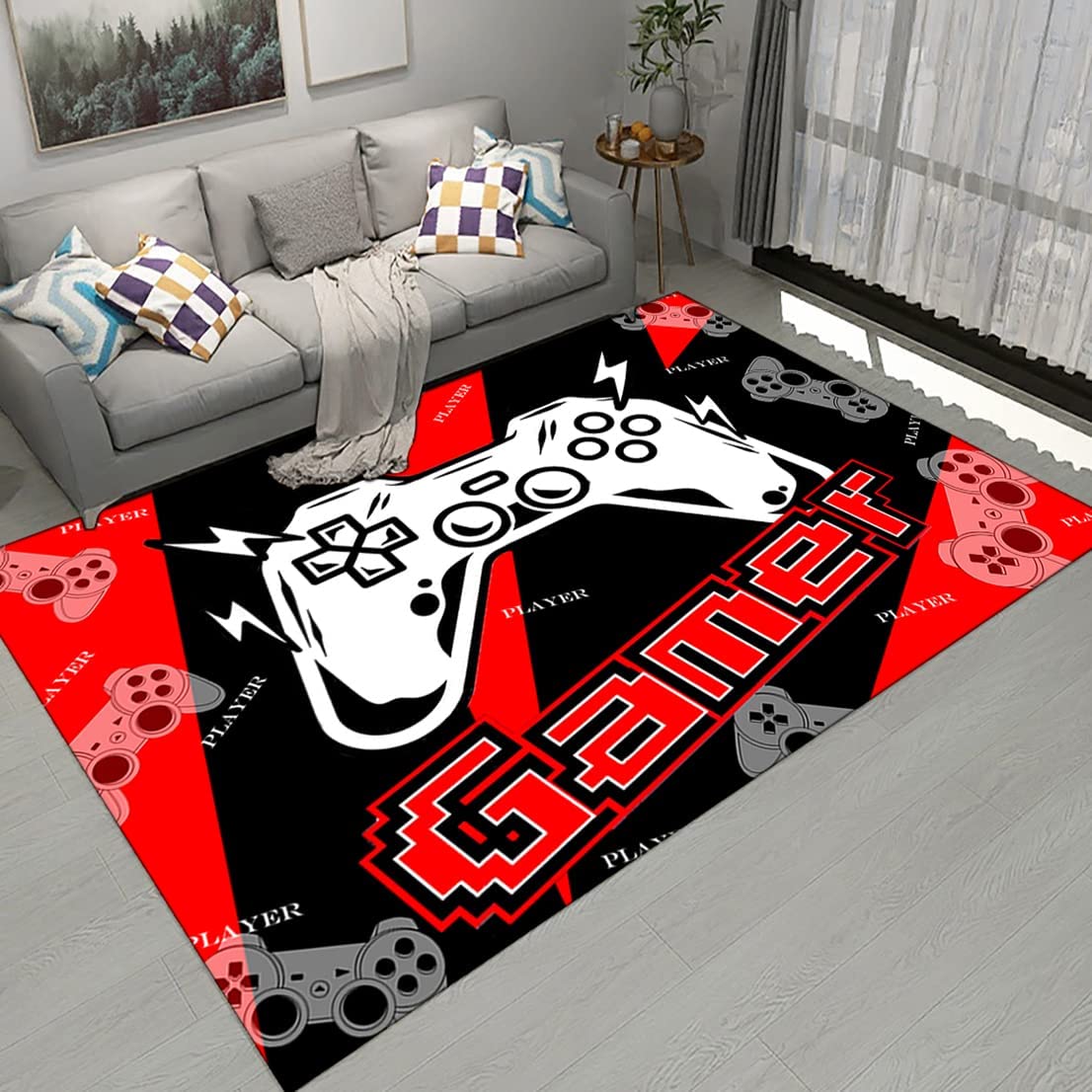 Gamepad Black Cool Area Rugs for Home Decor with Video Game Player Blue Yoga Mat Polyester Doormat, Large Game Room Rug - Image 2