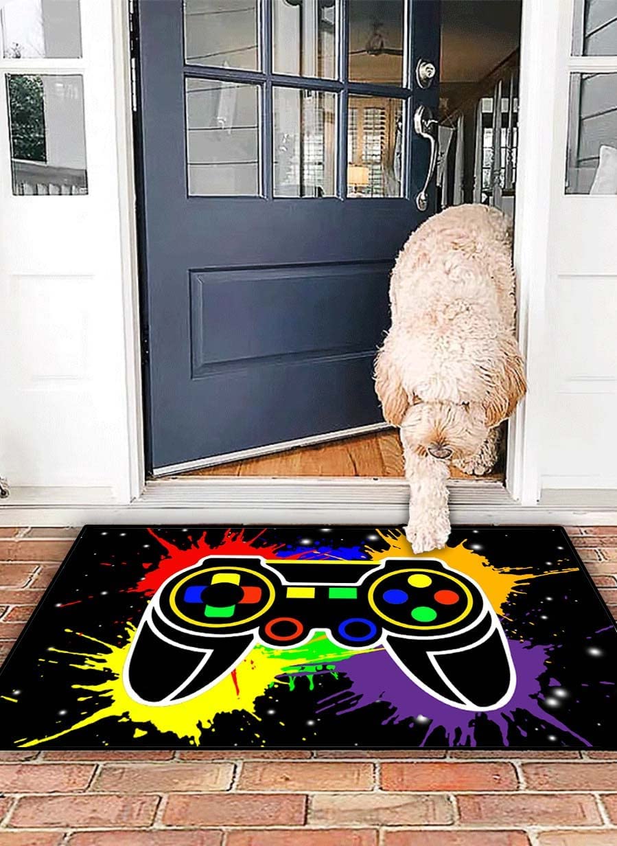 Gamepad Buttons Printed Black Floor Area Rugs for Boys' Bedroom