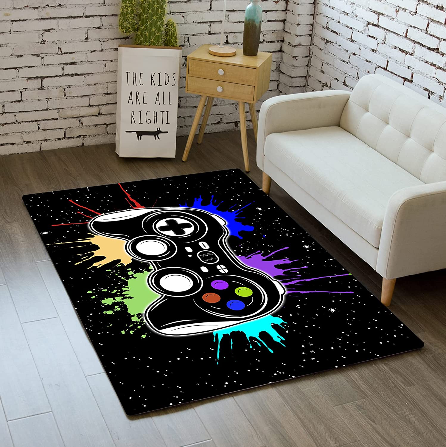 Gamer Area Rug for Bedroom Boys - Black Cartoon Painting Gamepad Carpet for Teens