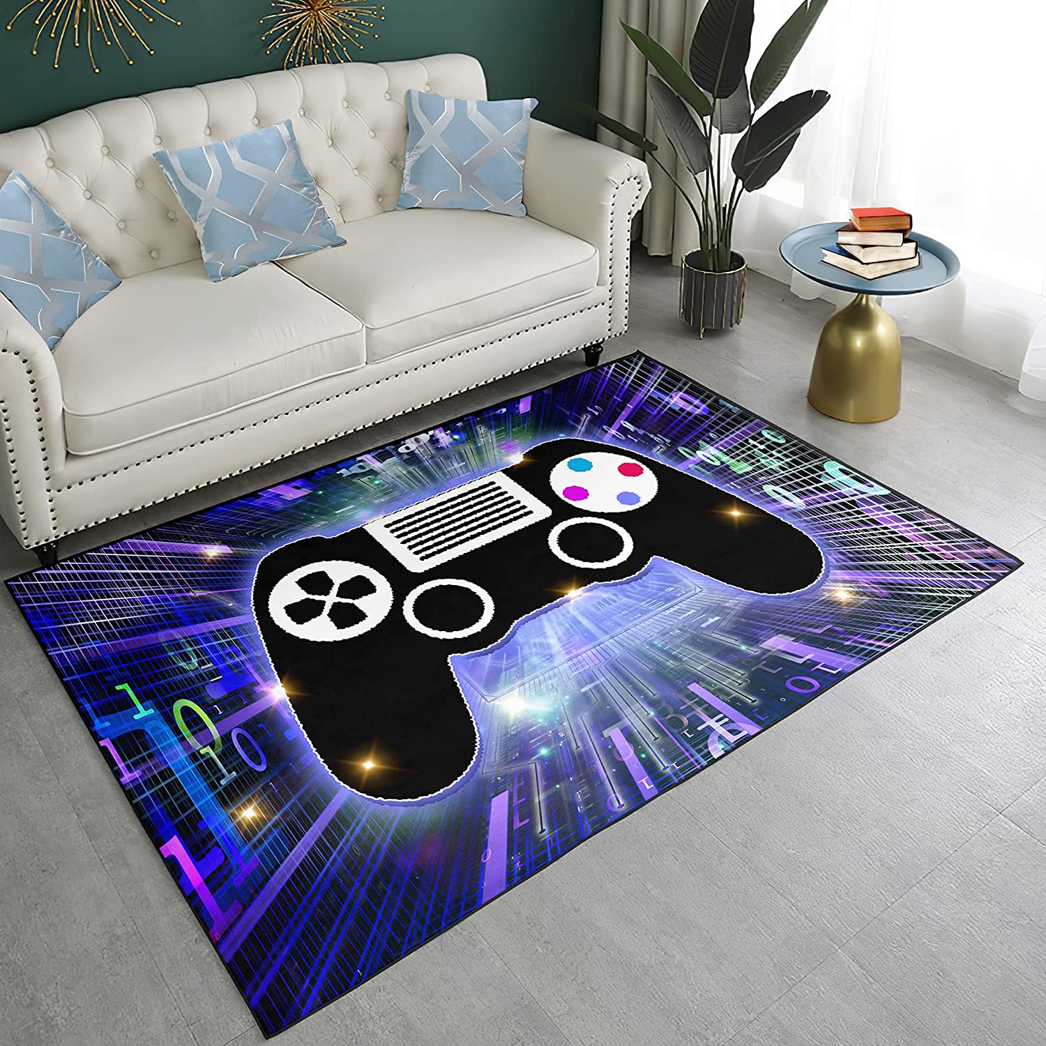 Gamer Carpet Area Rugs for Living Room Decor - Purple and Blue Gamepad Printed Floor Mats