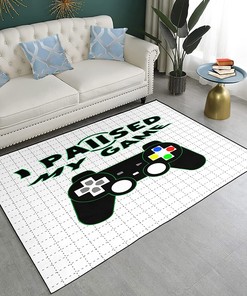 Gamer Floor Rugs for Bedroom or Living Room - Black Gaming Gamepad Carpets with White Dotted Lines
