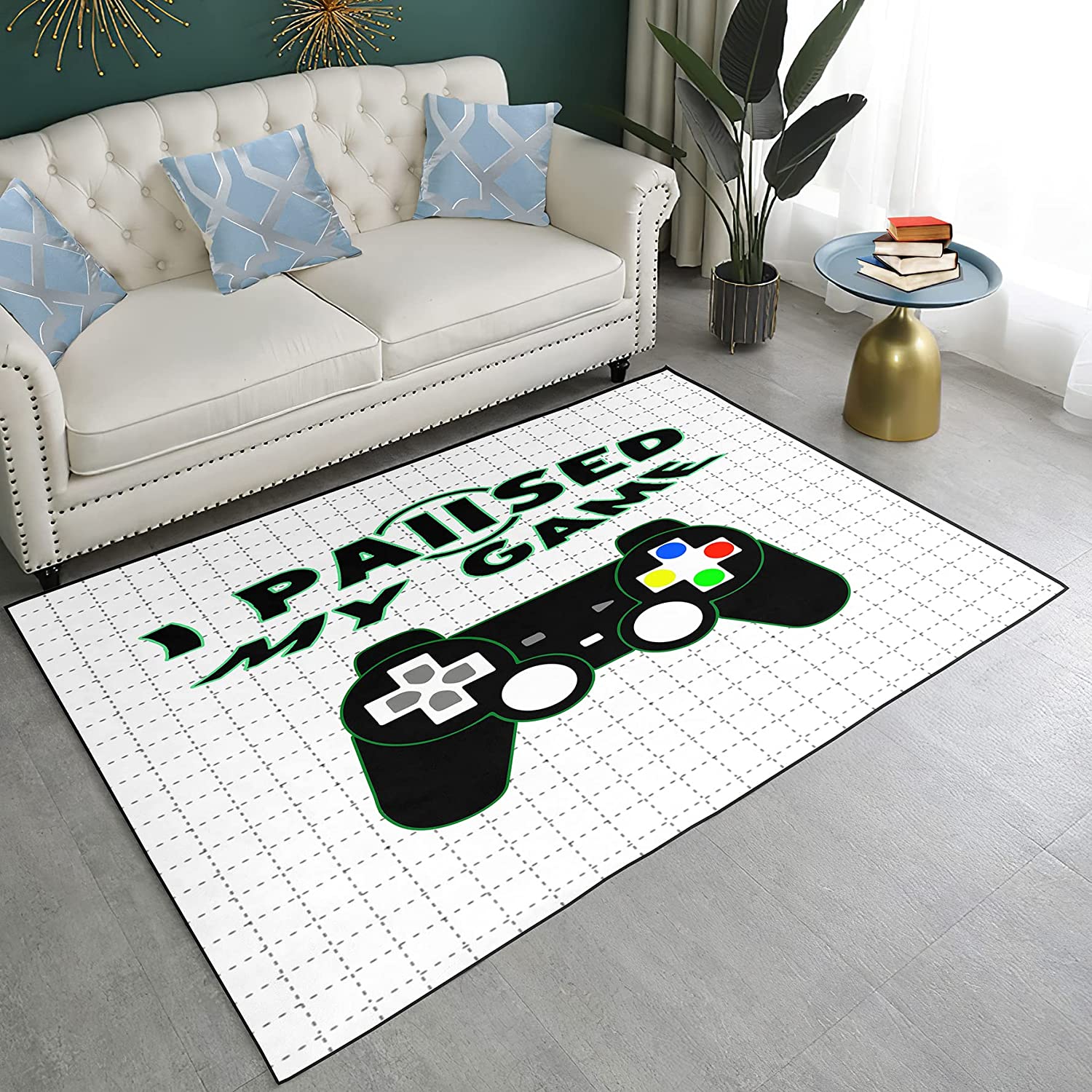 Gamer Floor Rugs for Bedroom or Living Room - Black Gaming Gamepad Carpets with White Dotted Lines