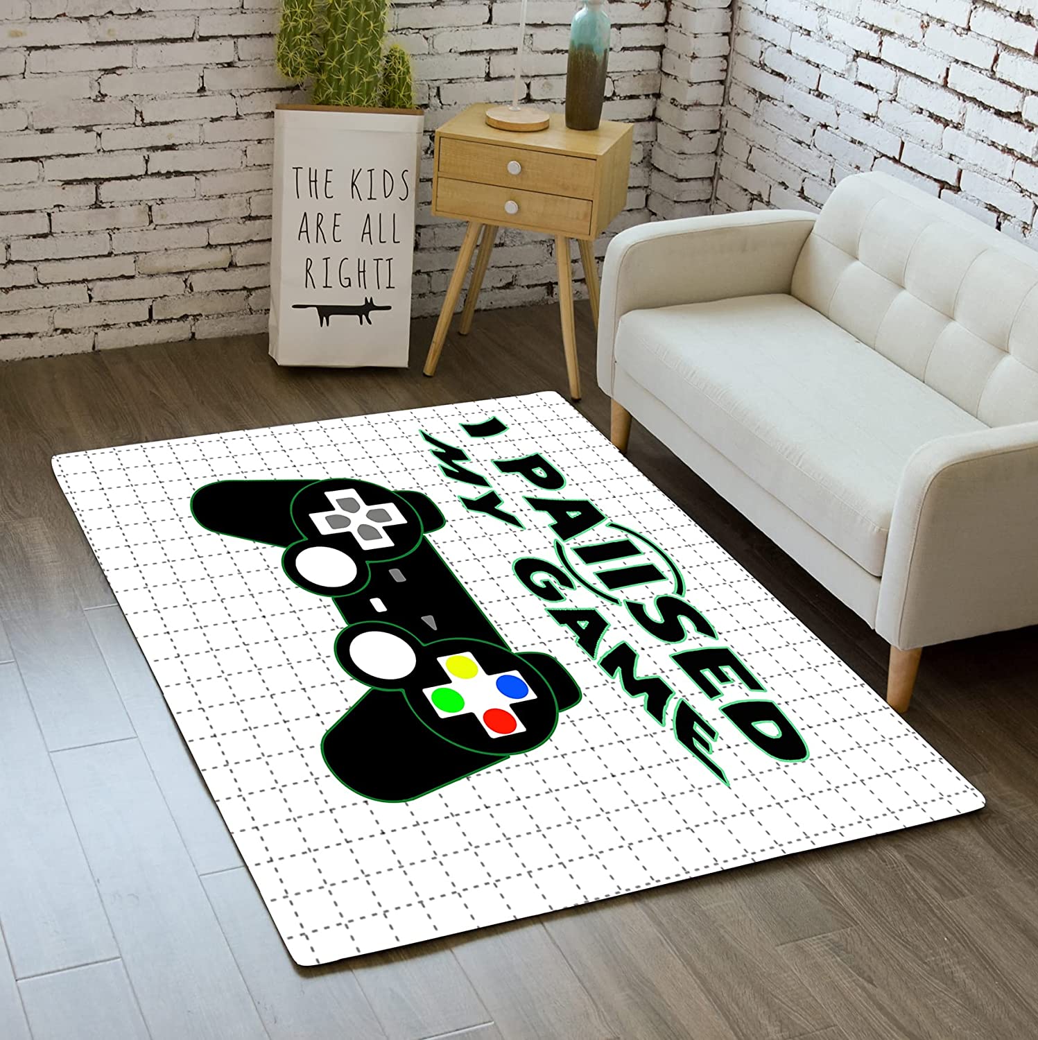 Gamer Floor Rugs for Bedroom or Living Room - Black Gaming Gamepad Carpets with White Dotted Lines - Image 2