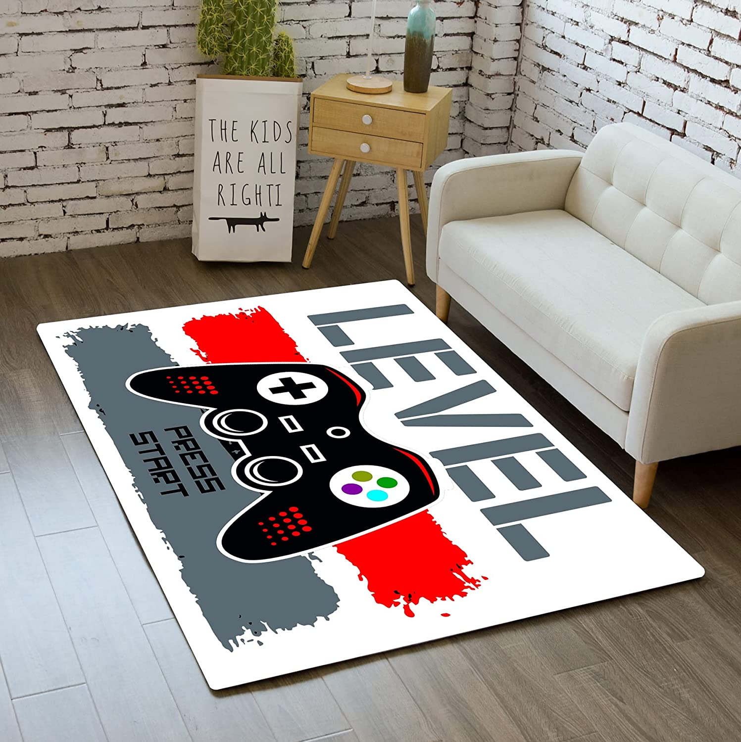 Gamer Living Room Mat - Grey/White Gamepad Carpets for Bedroom Boys/Teens