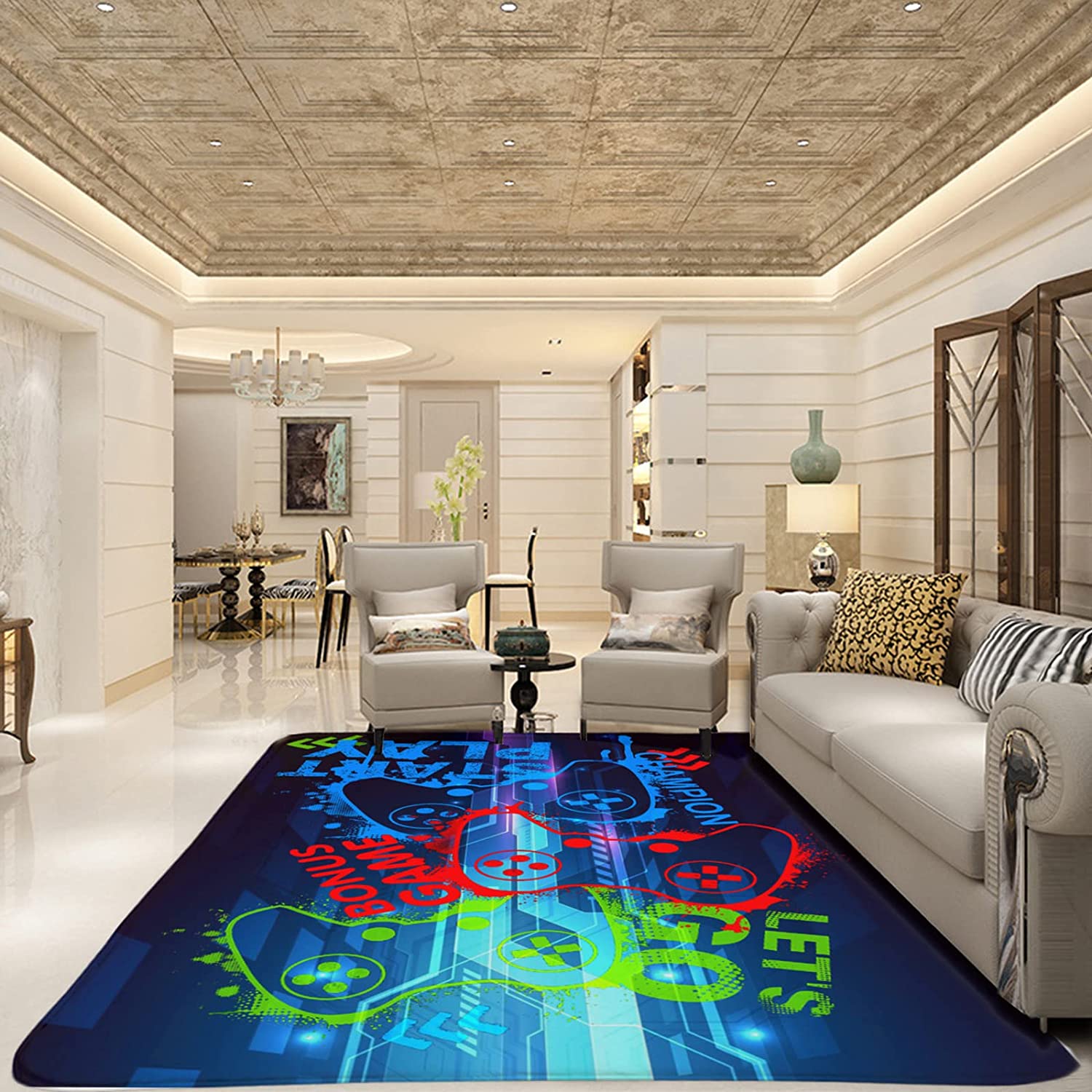 Gamer Room Decor Controller Gamepad Area Rug for Men Teenage with Non Skid Playroom Crystal Polyester Sofa Floor Chair