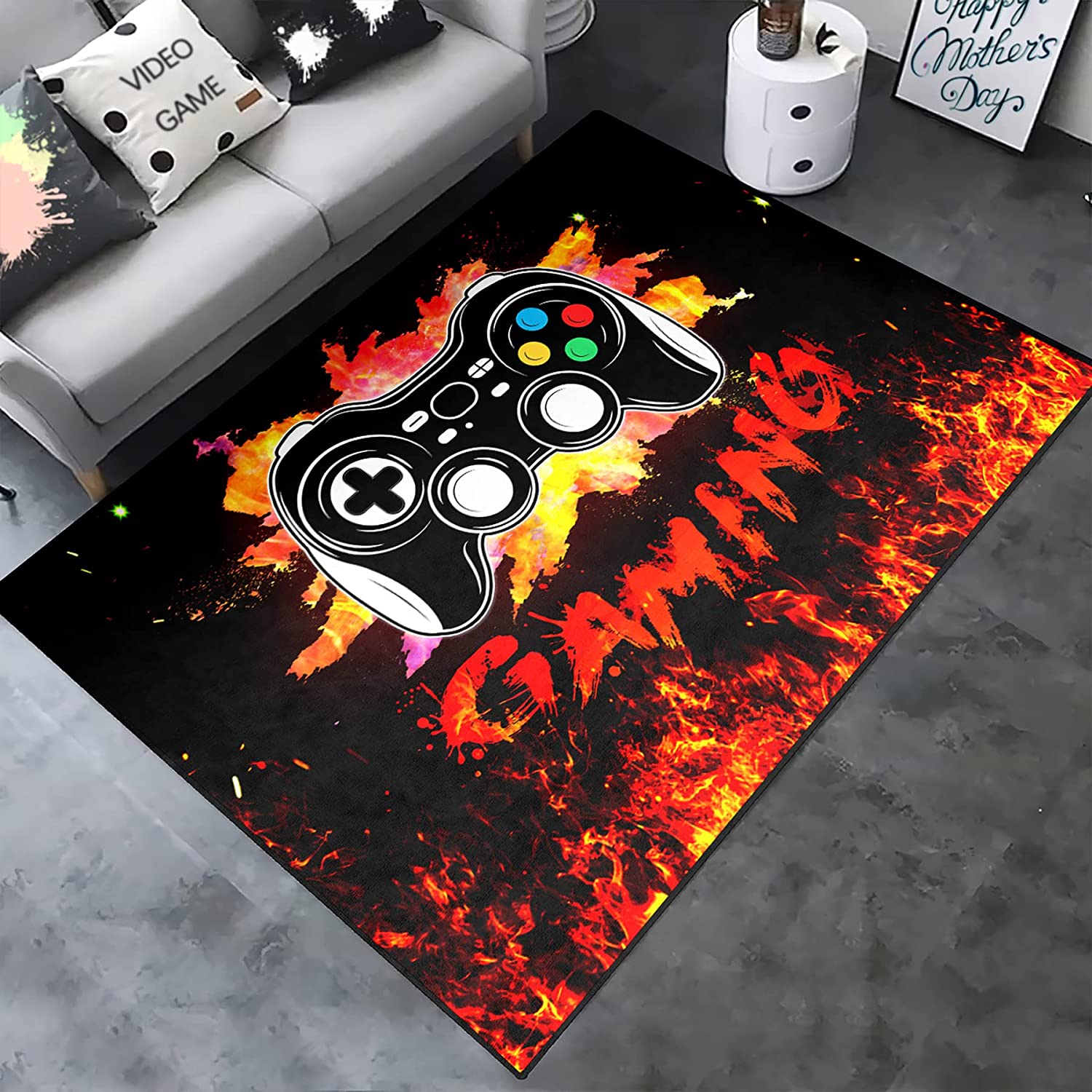Gamer Room Mat with Game Theme Home Decor in HD Green Graffiti Gamepad Controller Carpet Game Area Rugs