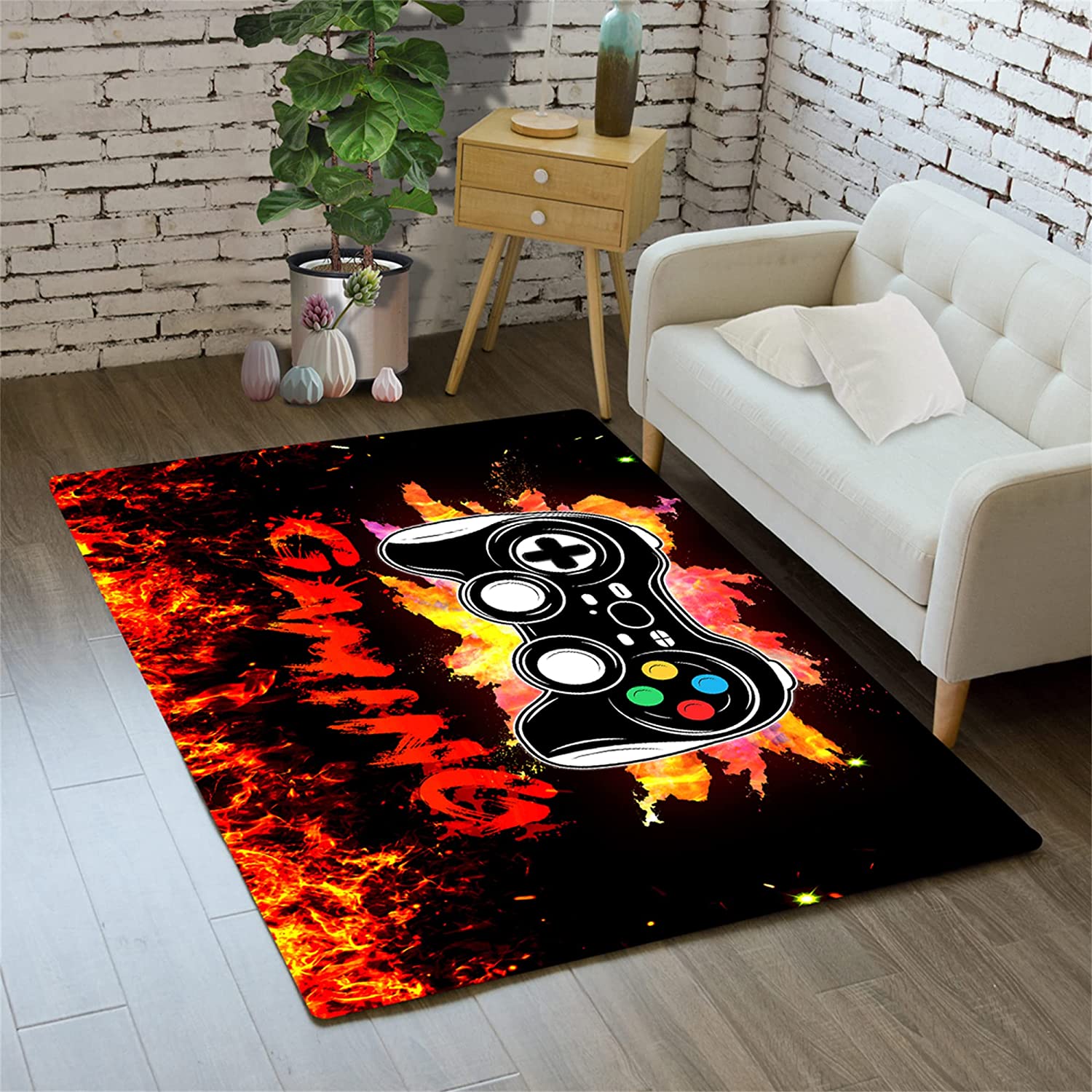 Gamer Room Mat with Game Theme Home Decor in HD Green Graffiti Gamepad Controller Carpet Game Area Rugs - Image 2