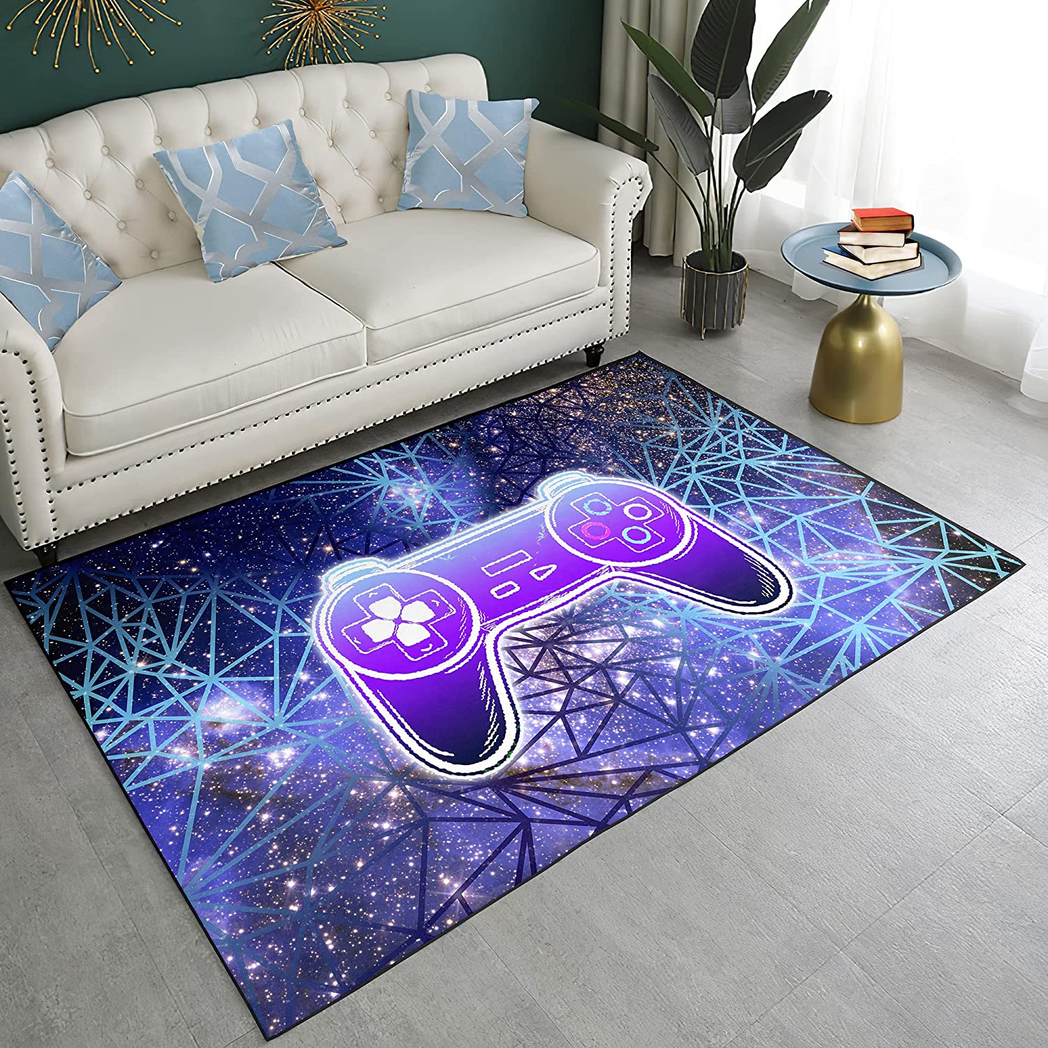 Gaming Room Decor Rug for Video Gamers - Washable Gamepad Carpet, Lightning Print