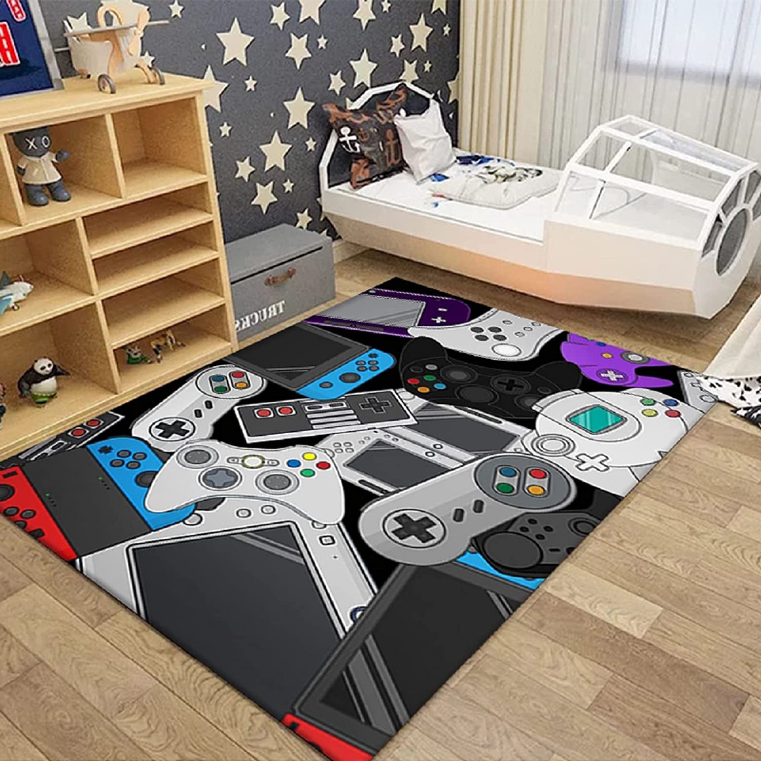 Gaming Rug for Kids Boy - 3D Printed Gamepad Black Carpets for Bedroom or Living Room