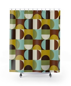 Geometric Chocolate Brown, Teal, Green, and White Mid Century Modern Shower Curtain for a Timeless Look