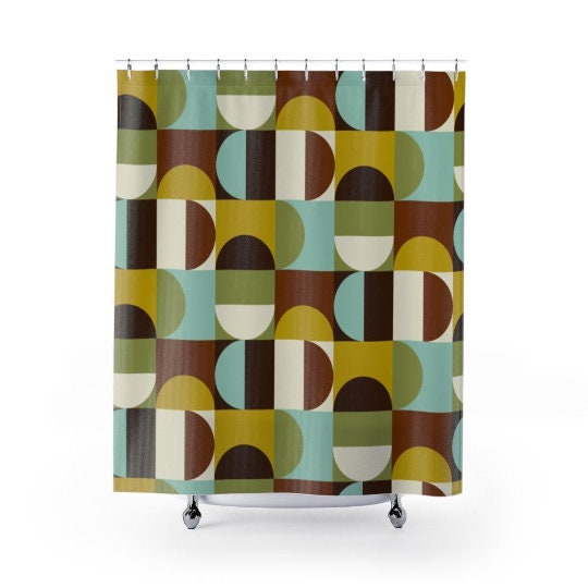 Geometric Chocolate Brown, Teal, Green, and White Mid Century Modern Shower Curtain for a Timeless Look - Image 3