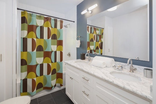 Geometric Chocolate Brown, Teal, Green, and White Mid Century Modern Shower Curtain for a Timeless Look - Image 4