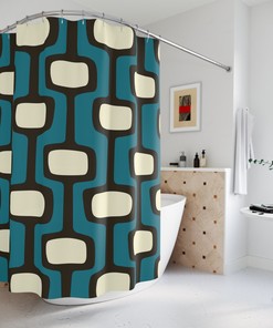 Geometric Dark Teal, Blue, Black, and Cream Mid Century Modern Retro Shower Curtain for a Stylish Bathroom