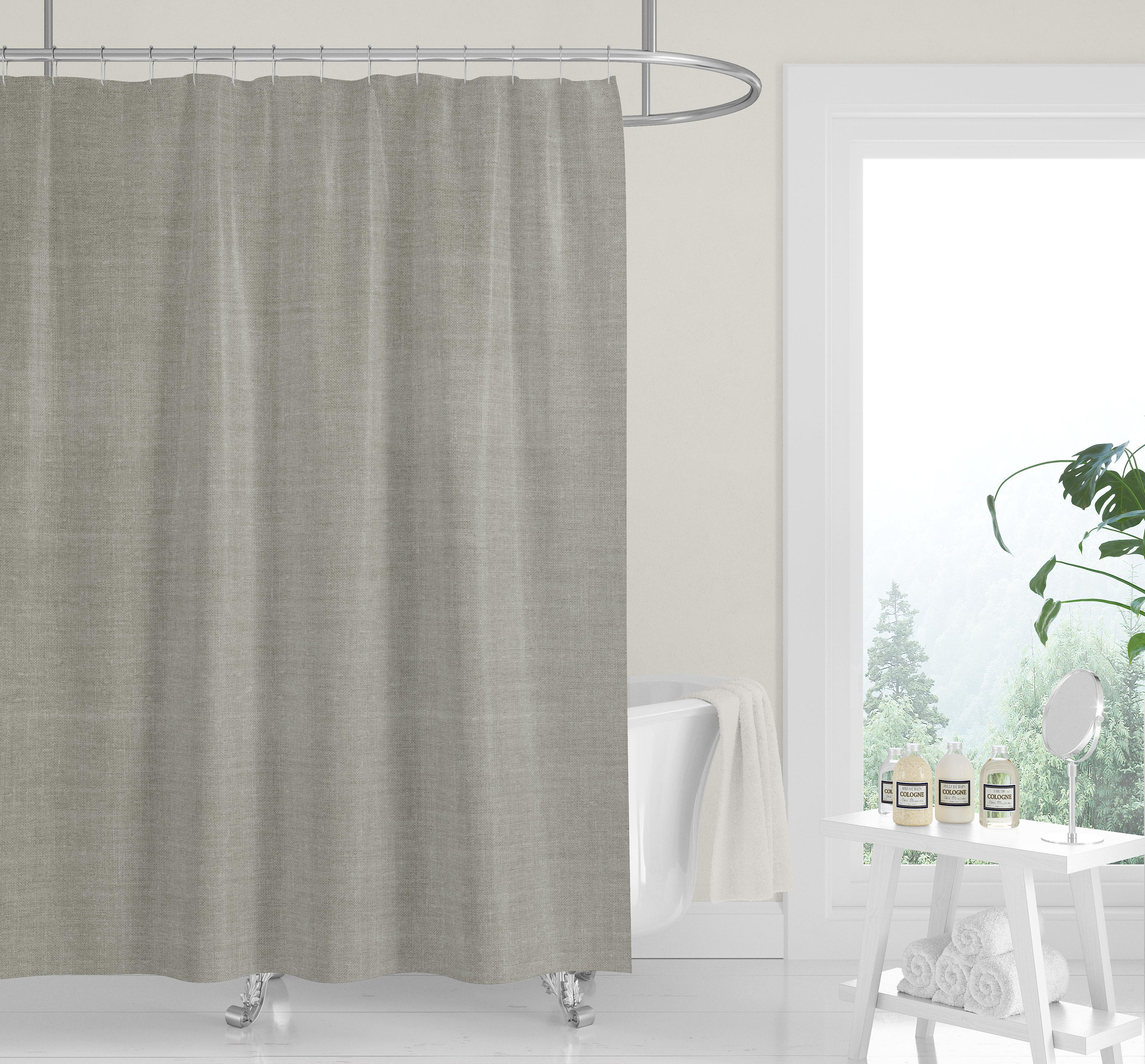 Geometric Gray Black Linen Print Premium FABRIC SHOWER CURTAIN | Neutral Casual Contemporary Lifestyle Minimalist - Image 2