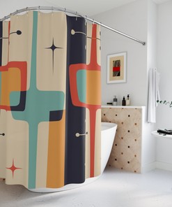 Geometric Mid Century Modern Curtain with Abstract Retro Bathroom Shower Curtain
