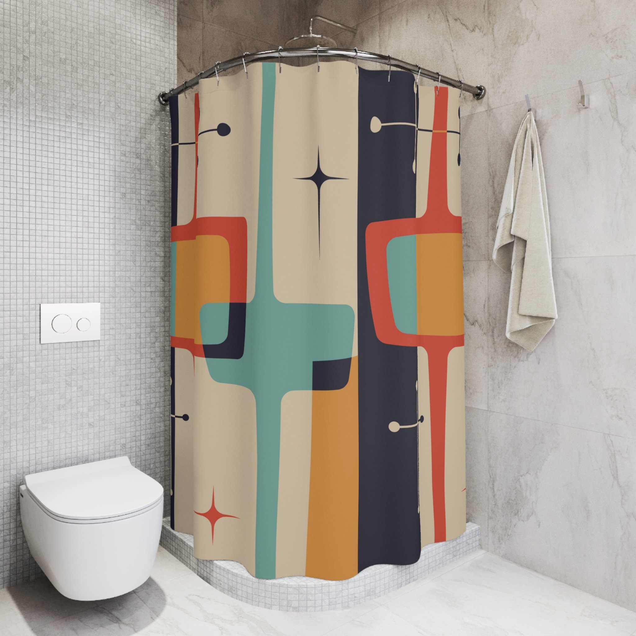 Geometric Mid Century Modern Curtain with Abstract Retro Bathroom Shower Curtain - Image 2