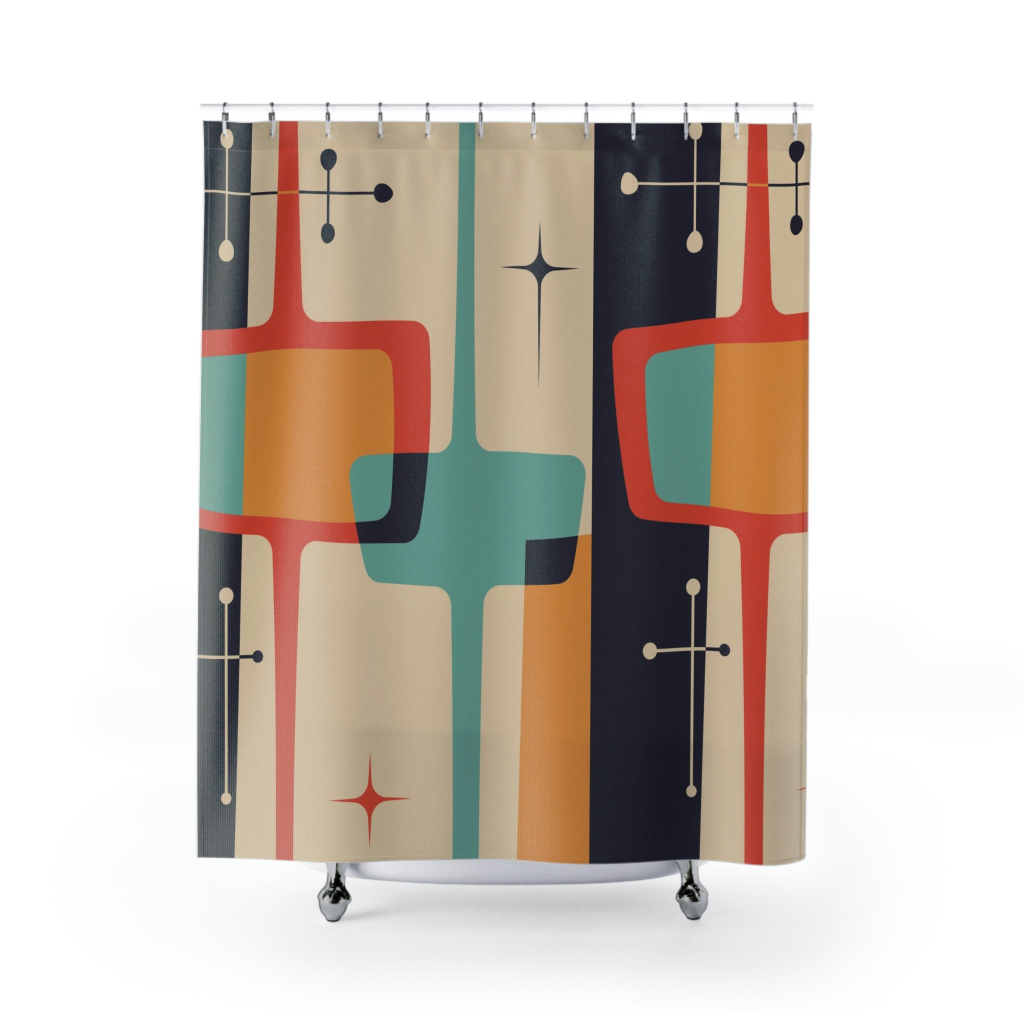 Geometric Mid Century Modern Curtain with Abstract Retro Bathroom Shower Curtain - Image 3