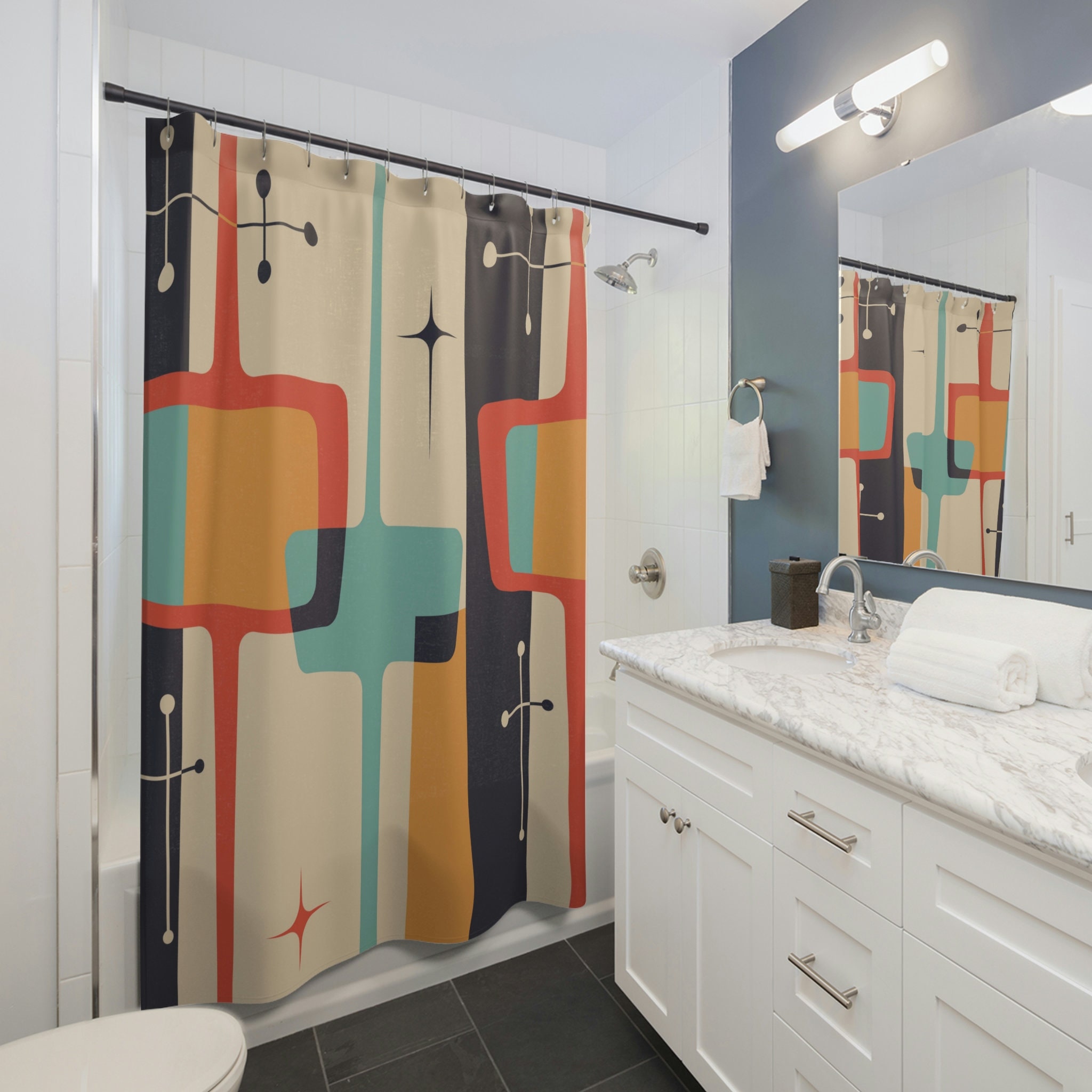 Geometric Mid Century Modern Curtain with Abstract Retro Bathroom Shower Curtain - Image 4
