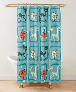Geometric Mod Century Modern Blue and Mint Green Atomic Cat Retro Kitty Shower Curtain