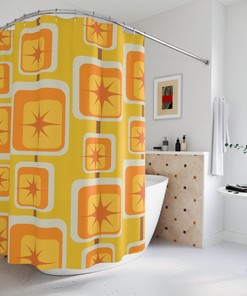 Geometric Mustard Yellow, Orange, and Brown Mid Century Modern Shower Curtain with Atomic Starburst Accents