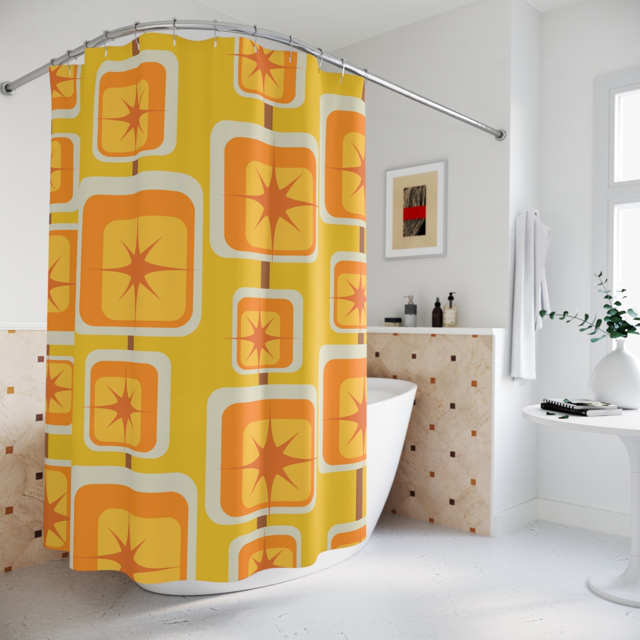 Geometric Mustard Yellow, Orange, and Brown Mid Century Modern Shower Curtain with Atomic Starburst Accents