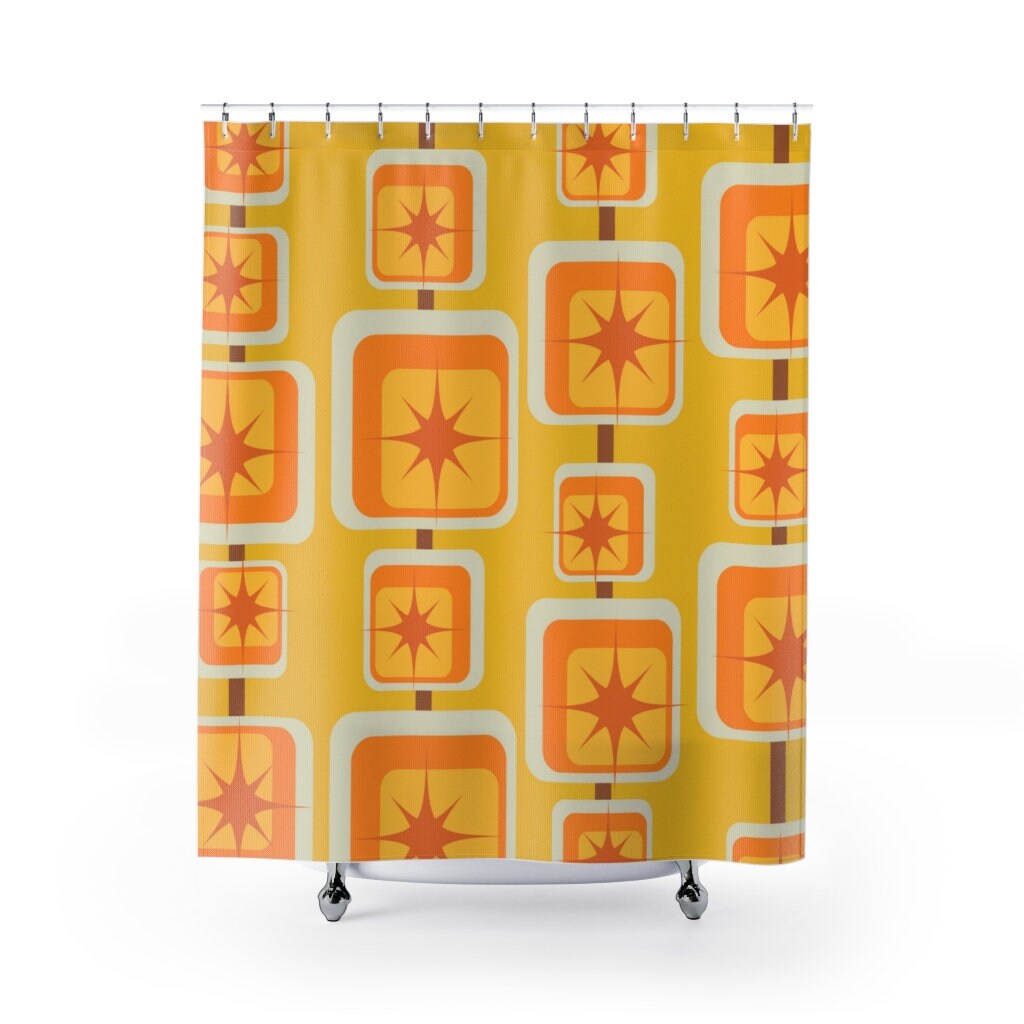 Geometric Mustard Yellow, Orange, and Brown Mid Century Modern Shower Curtain with Atomic Starburst Accents - Image 2