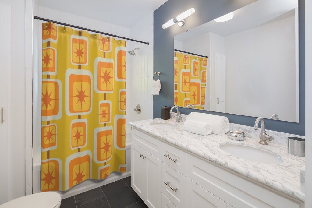 Geometric Mustard Yellow, Orange, and Brown Mid Century Modern Shower Curtain with Atomic Starburst Accents - Image 3