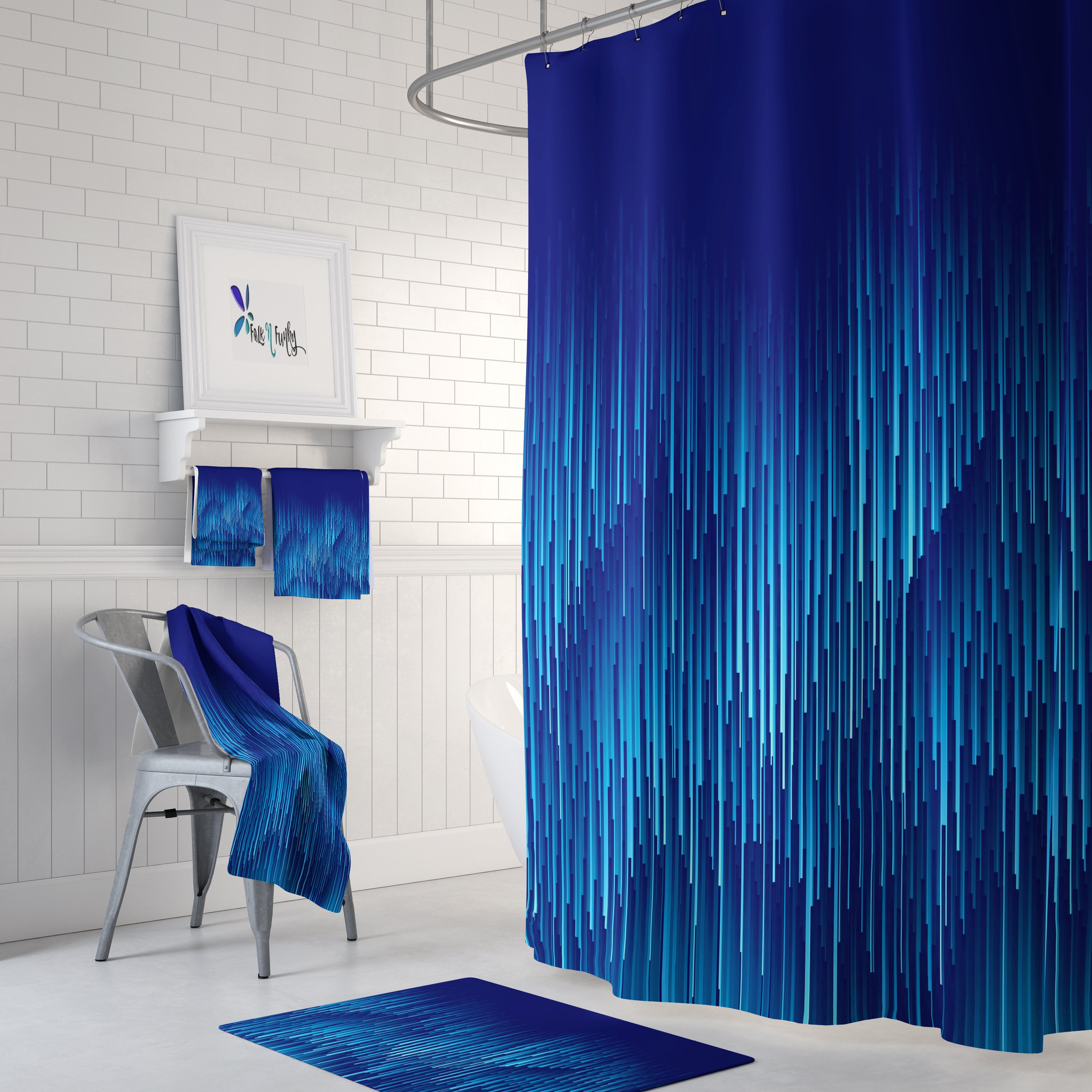 Geometric Rain Shower Curtain Mixed Blue, Optional Bath Mat and Towels | shower curtains decorative