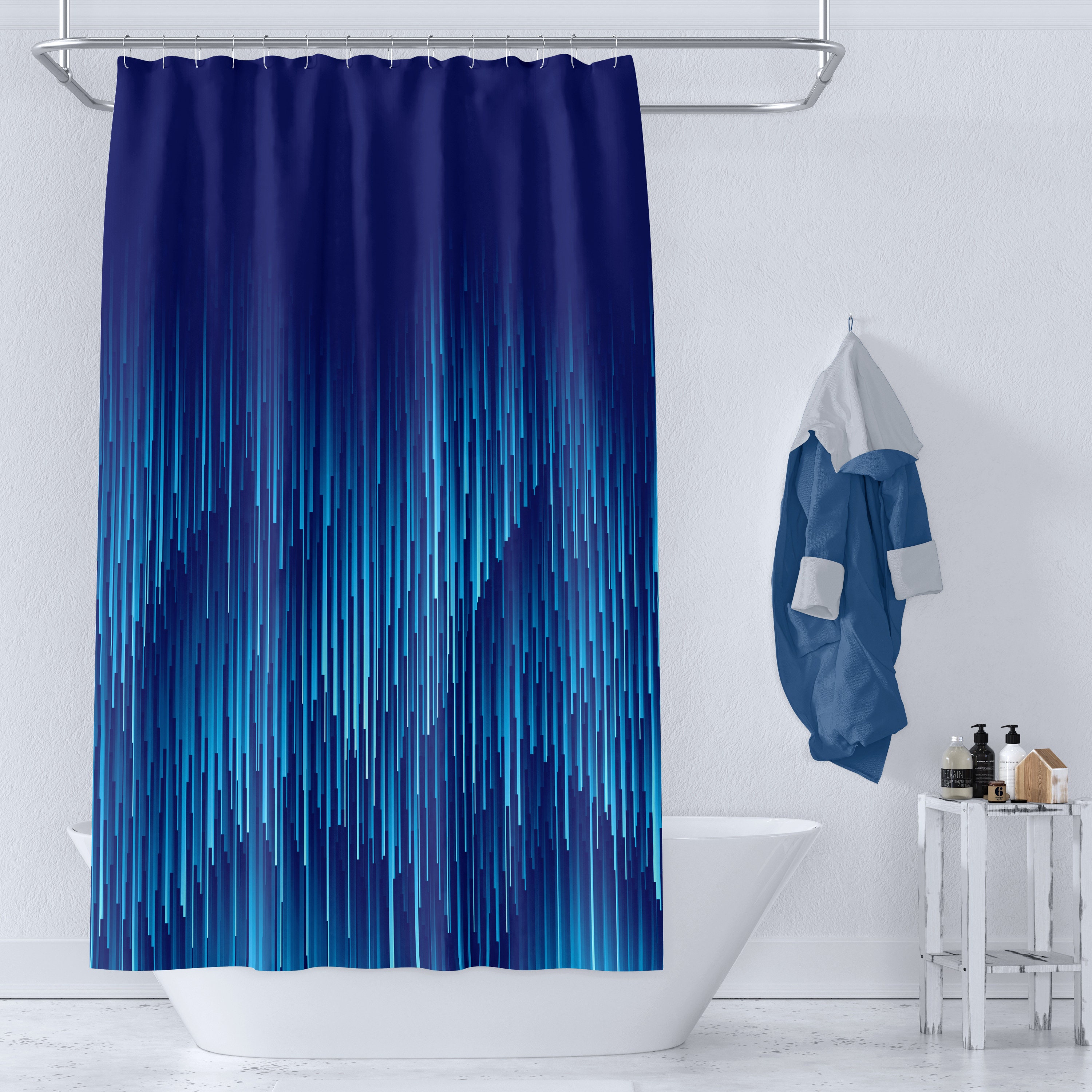 Geometric Rain Shower Curtain Mixed Blue, Optional Bath Mat and Towels | shower curtains decorative - Image 3