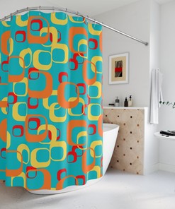 Geometric Retro MCM Shower Curtains in Aqua Blue, Orange, Yellow, Red, and White for Mid Century Modern Appeal