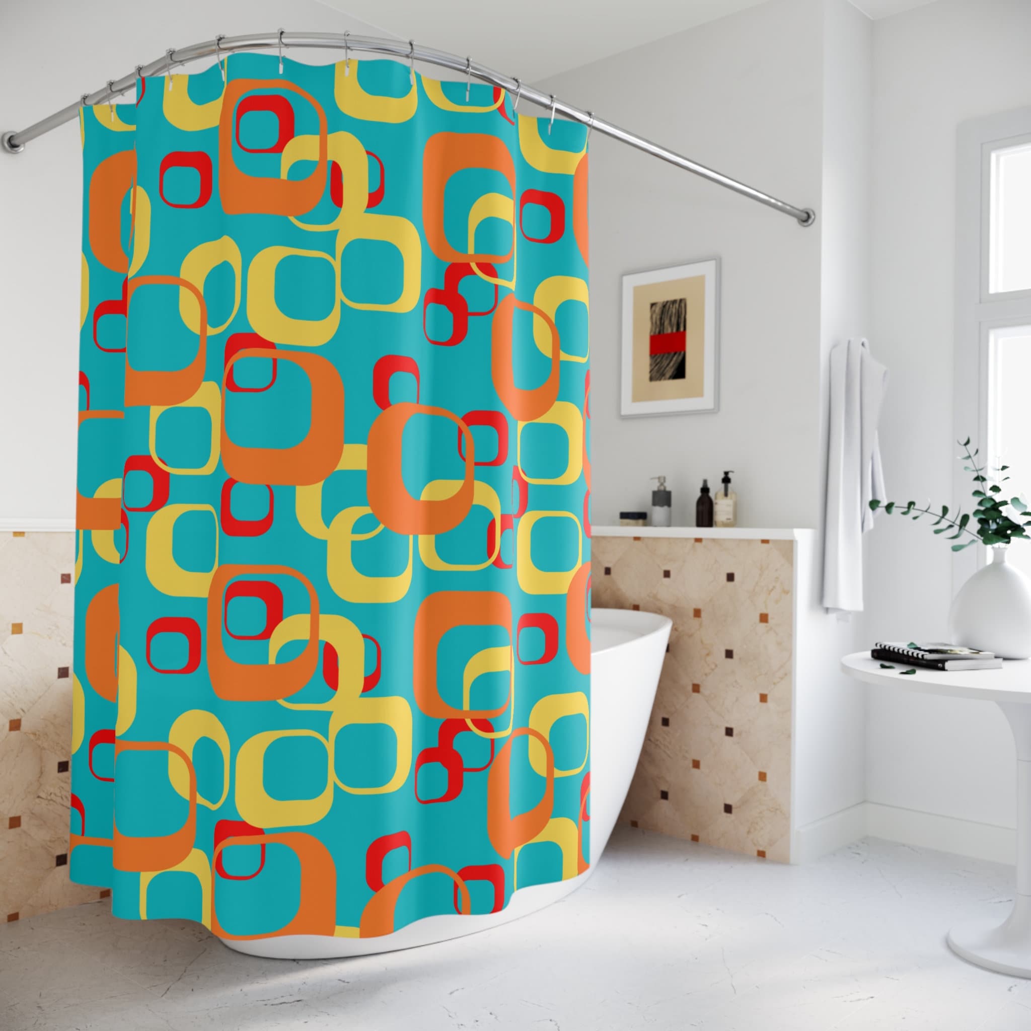 Geometric Retro MCM Shower Curtains in Aqua Blue, Orange, Yellow, Red, and White for Mid Century Modern Appeal