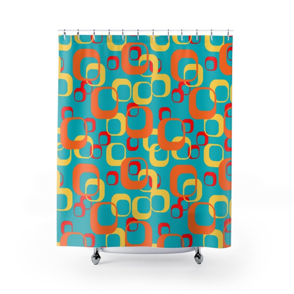 Geometric Retro MCM Shower Curtains in Aqua Blue, Orange, Yellow, Red, and White for Mid Century Modern Appeal - Image 2