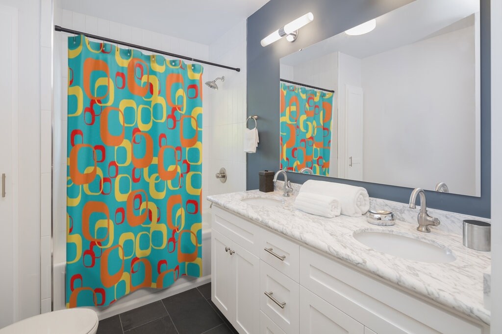 Geometric Retro MCM Shower Curtains in Aqua Blue, Orange, Yellow, Red, and White for Mid Century Modern Appeal - Image 3