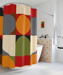 Geometric Retro Red, Gray, Black Mustard Brown Green Shower Curtain - MCM Mid Century Modern Design