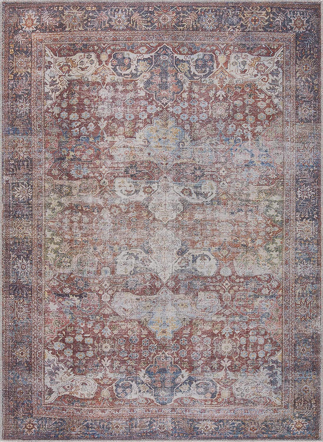 Georgia Collection Elki Machine Washable Area Rug - Oriental Persian Floral Faded Style