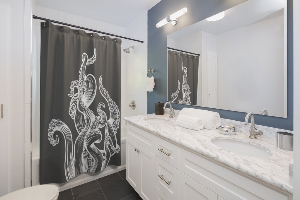 Get eerie with this Dark Gray Octopus Tentacle Monster Shower Curtain - Image 2