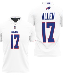 Get game day ready with a White Polo Shirt featuring Josh Allen #17 and Buffalo Bills' signature Athleisure Style.